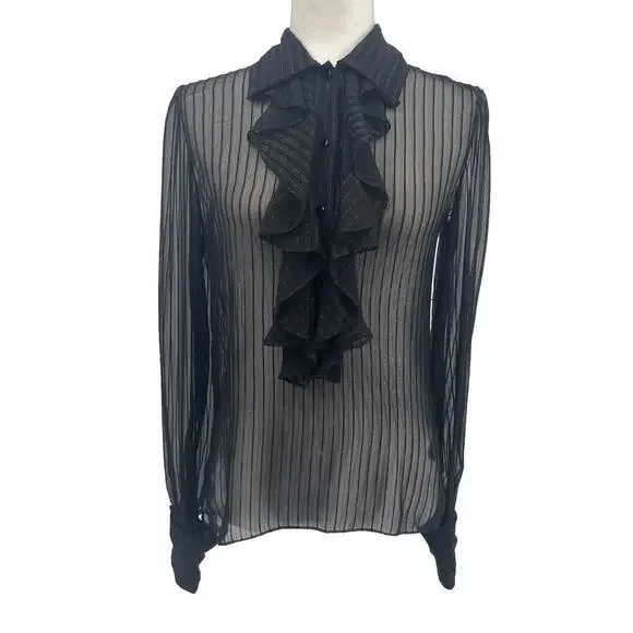 Ralph Lauren Collection Silk Sheer Ruffle Long Sleeve Blouse Collared Black Top - Picture 2 of 12